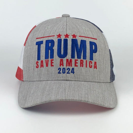 Trump 2024 Save America American Flag Mesh Trucker Hat