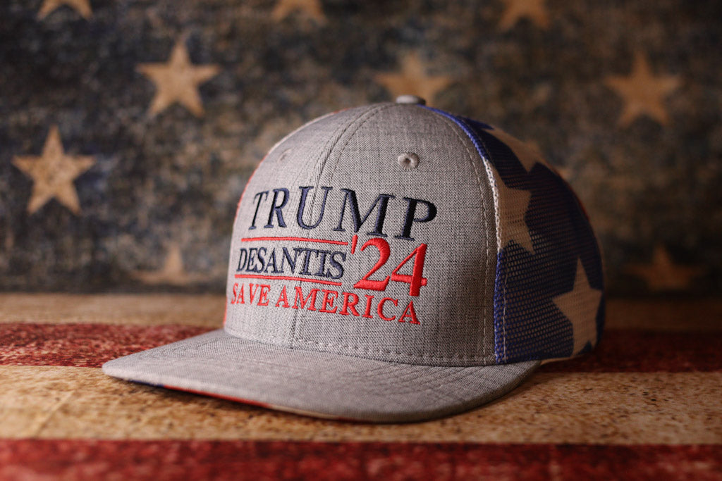 Trump DeSantis 2024 American Flag Back Mesh Trucker Hat