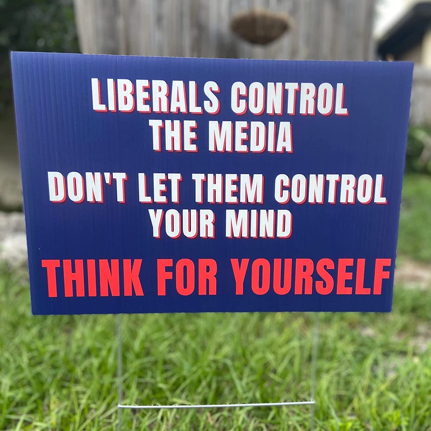 Anti Liberal Media Fake News Yard Sign | Think For Yourself 18x12 Double-Sided Flag Sign With Stakes for Lawn and Garden | Pro Free Speech and Thought Outdoor Banner