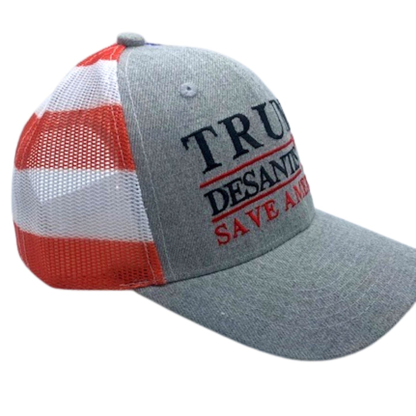 Donald Trump Ron Desantis 2024 Save America Trucker Hat with Flag Pattern Mesh Back | Unisex Patriotic Trump DeSantis '24 Cap with USA Flag